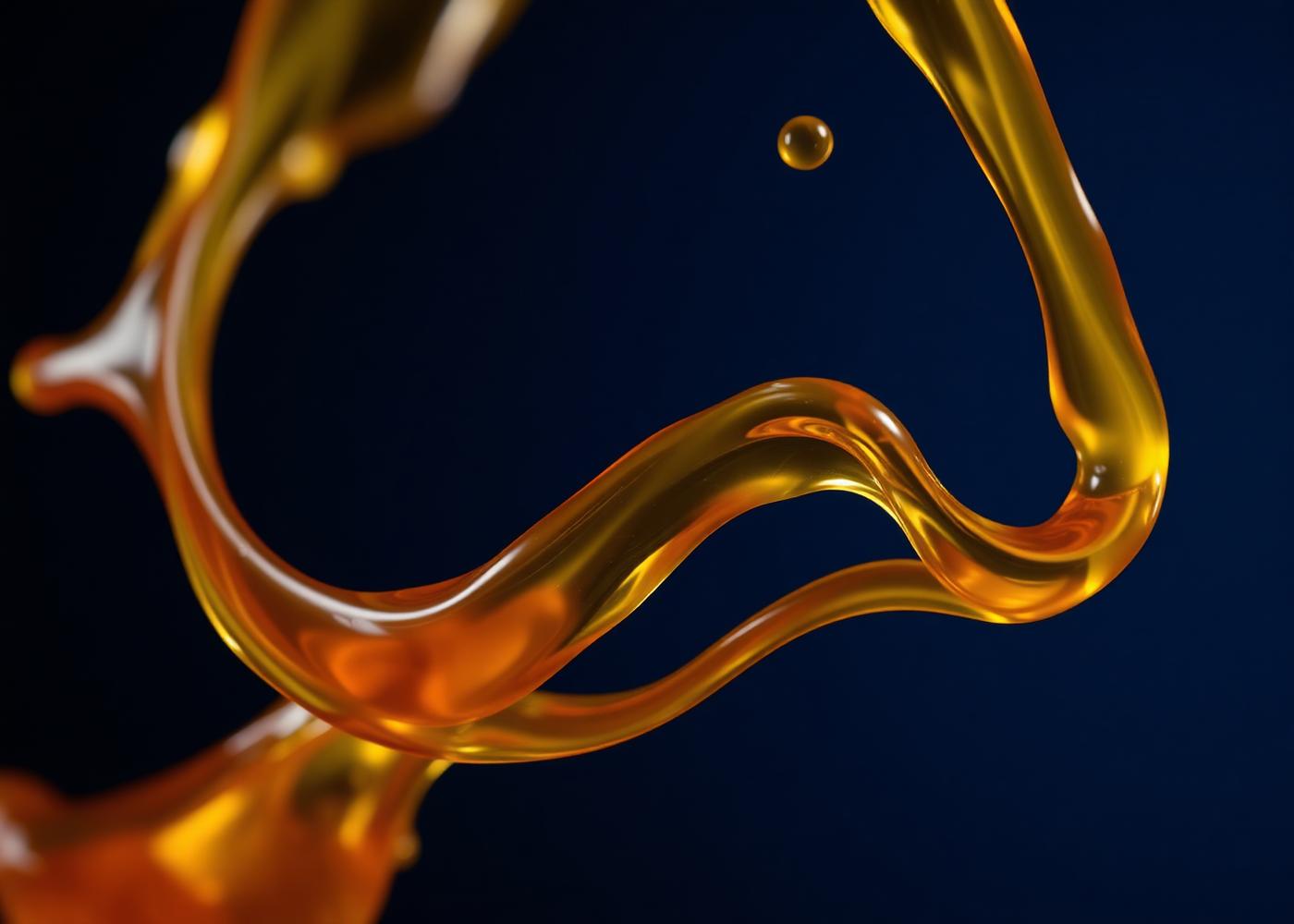 Amber drilling fluid gel swirling against a deep navy background