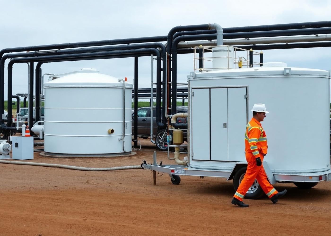 Self-contained frac storage tanks and a mobile blending unit at a well site