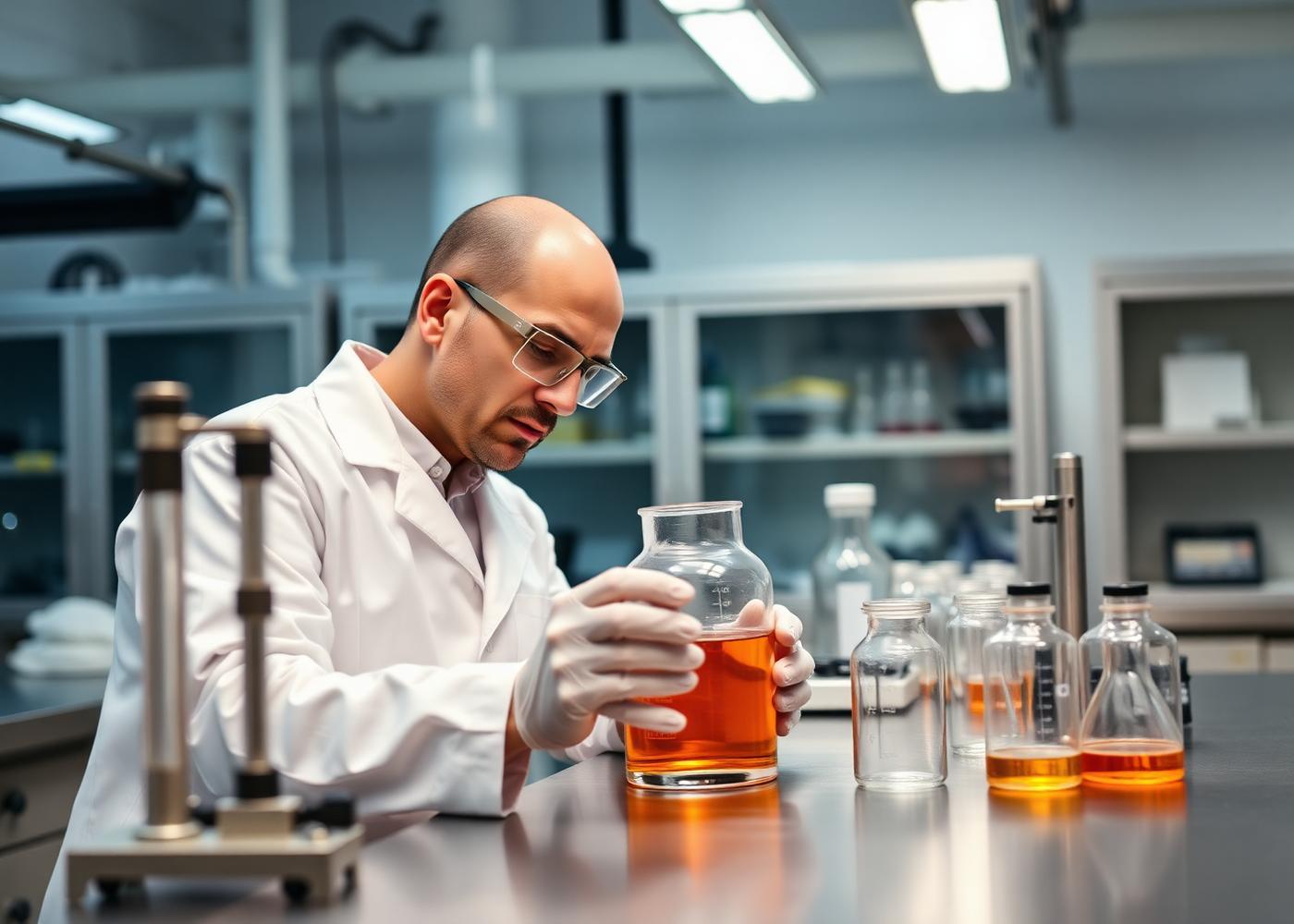 Laboratory technician inspecting a beaker of amber drilling fluid